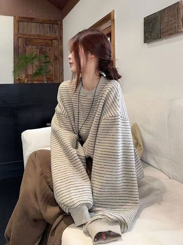 复古条纹圆领无帽长袖卫衣女2025秋季新款韩系宽松学生上衣ins潮|undefined