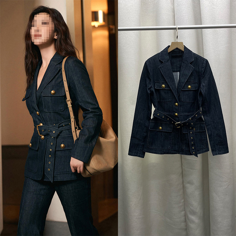 Zhu Zhu's Same Style Blue Elegant and Capable Denim Suit Jacket for Women, High-End Wear, Slimming Look Jeans Two-Piece Set