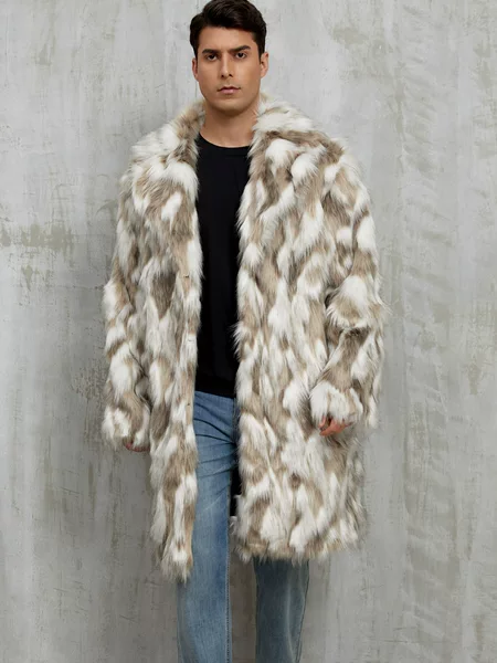 Cross-Border Autumn and Winter New Style European and American Color-Blocking Men's Suit Collar Faux Fur Long Warm Coat