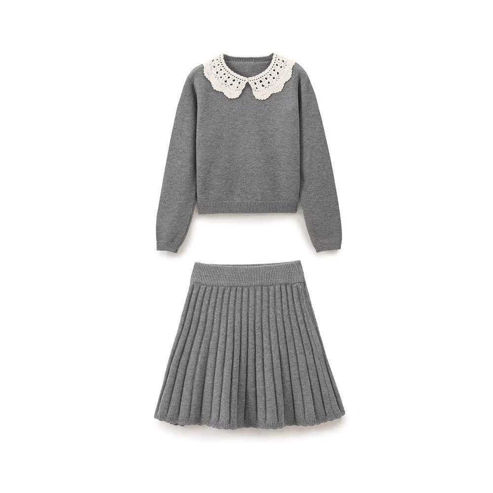 Women's clothing 2024 autumn new item contrasting color crochet collar knitted top short skirt set_voghion.com