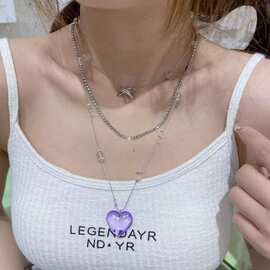甜美少女满钻蝴蝶结紫色爱心项链女choker锁骨链复古多层叠戴颈链