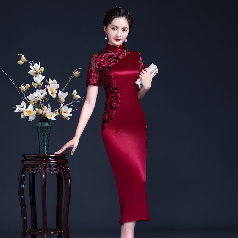 2023 New Vintage Improved Cheongsam Red Dress Long Mother's Wedding Chinese Dress Cheongsam