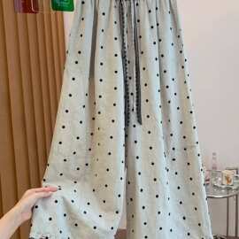 原版面料大码300斤  波点阔腿裤女夏木耳边松紧腰抽绳百搭直筒裤