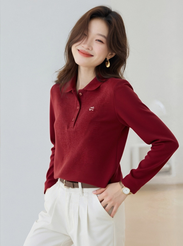 正肩休闲翻领长袖衬衫女士春秋新款刺绣polo衫撞色洋气Polo领上衣|undefined
