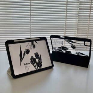 Suitable for iPadAir4 Apple Tablet Protective Cover iPadmini6 Tablet Trifold Black Tulip Stand