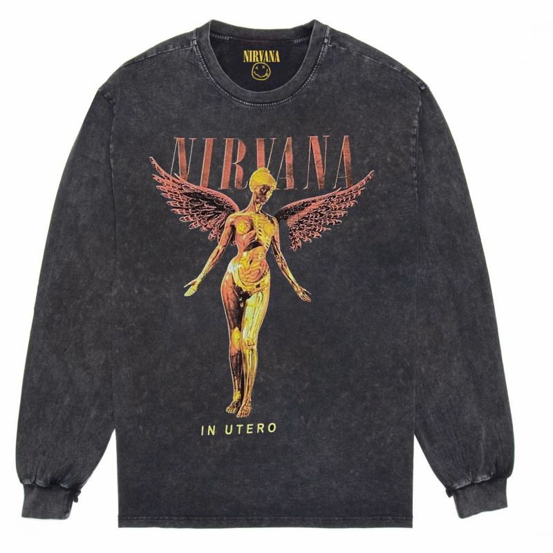 Nirvana Vintage American retro apenado rock punk angustiado lavado batik Camiseta de manga larga