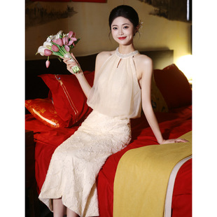 Halter Neck Engagement Dress for Women Summer 2024 New Registration Certificate Fairy Champagne Color Evening Dress Can Be Worn at Ordinary Times