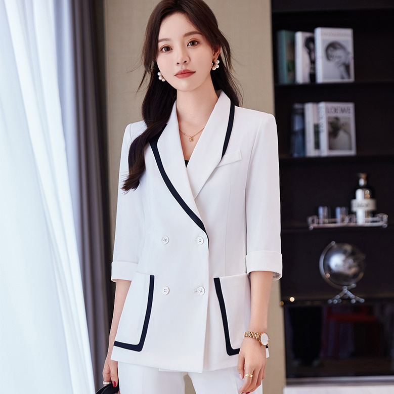 Double-Breasted White Suit Set for Women, Spring and Autumn, High-End Professional Attire with a Sense of Design, Two-Piece Suit with Pants