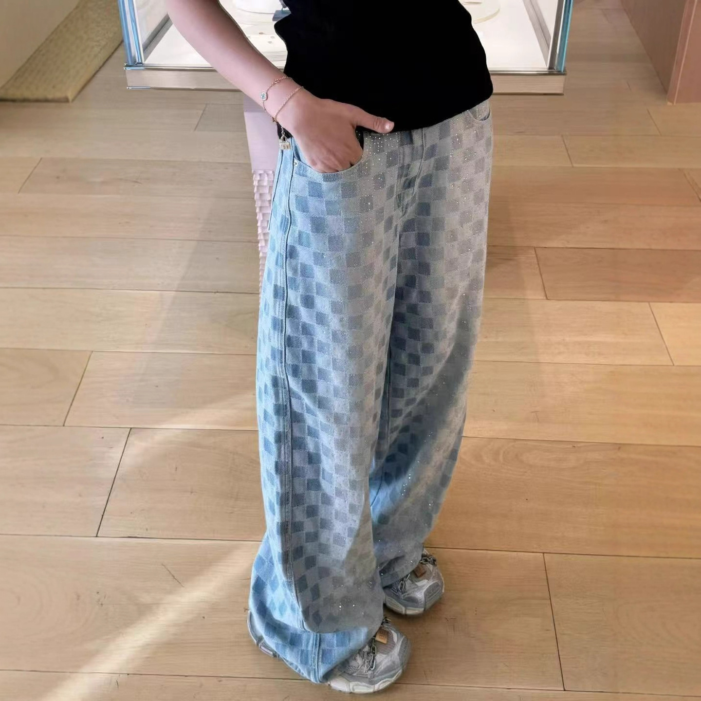 Niche Design Washed High-Waisted Checkered Jeans for Women in Summer Design Niche Color-Blocked Plaid Straight Wide Legs