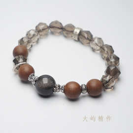 天然老山檀檀香 天然茶晶菱形珠 银耀石 s925银配饰DIY设计款手串