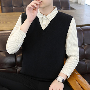 Fox Velvet Small Square Jacquard Fake Two-Piece Shirt Collar Knitwear 2024 Autum New Men's Pullover Knitwear