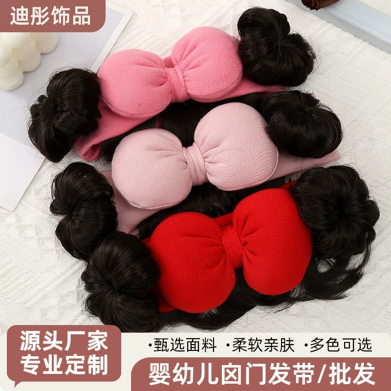 Детский парик с защитной повязкой для головы, парик для новорожденных с двойным хвостиком и хлопковым бантом, аксессуар для волос в виде детской повязки.