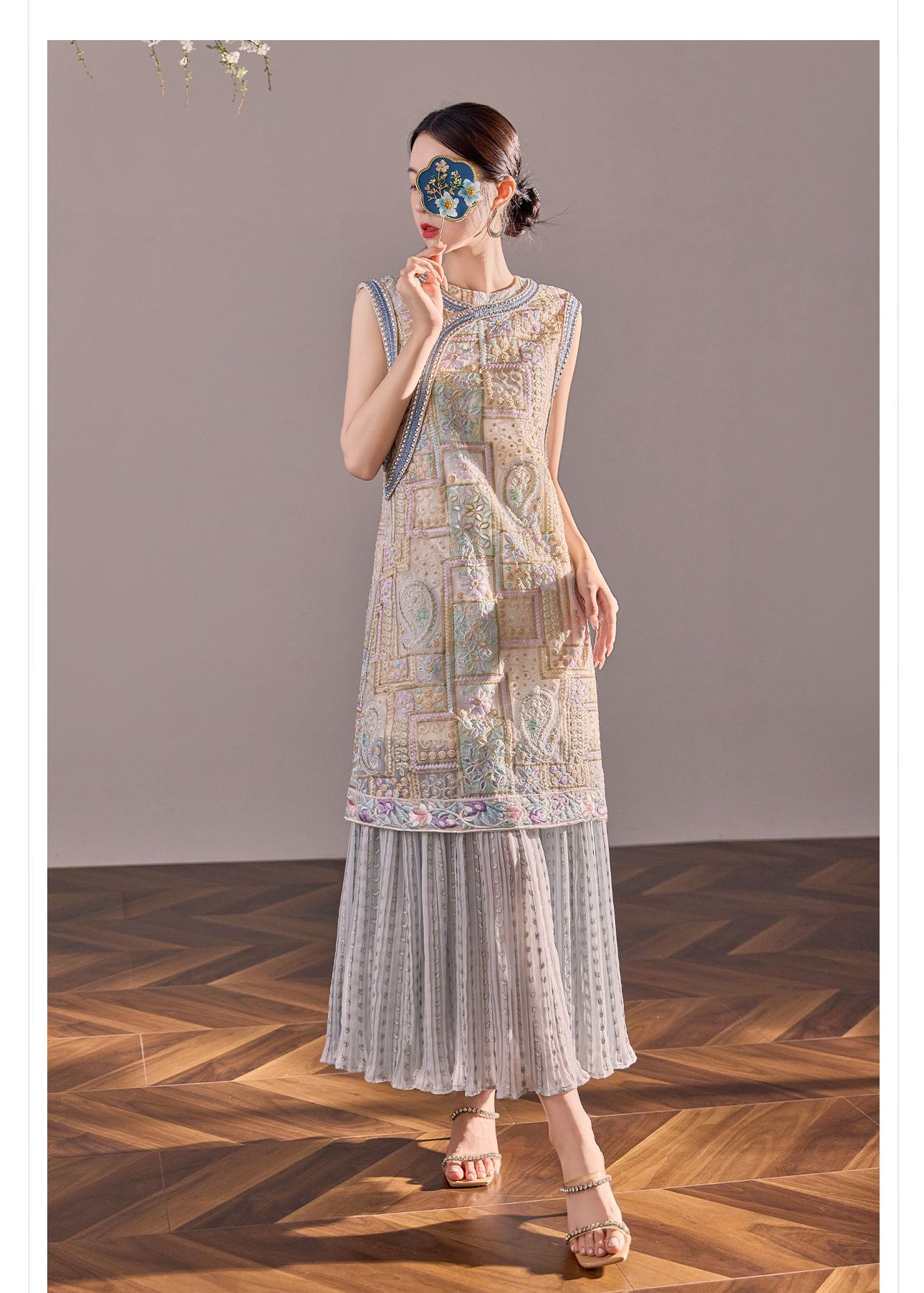 Đầm maxi nữ thêu tay phong cách Trung Hoa mới, tay ngắn, cổ tròn, chân váy dài có thể tháo rời — Màu xanh mơ chi tiết 10