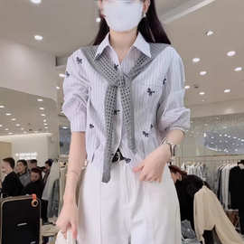 韩版翻领系带披肩条纹长袖衬衫女春季新款气质宽松显瘦百搭短上衣
