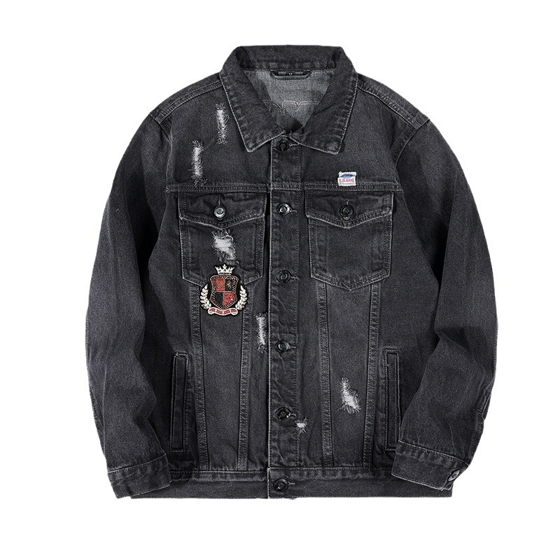 Schwarze Herren Jeansjacke Mit Bestickung Und Biker Design_voghion.com