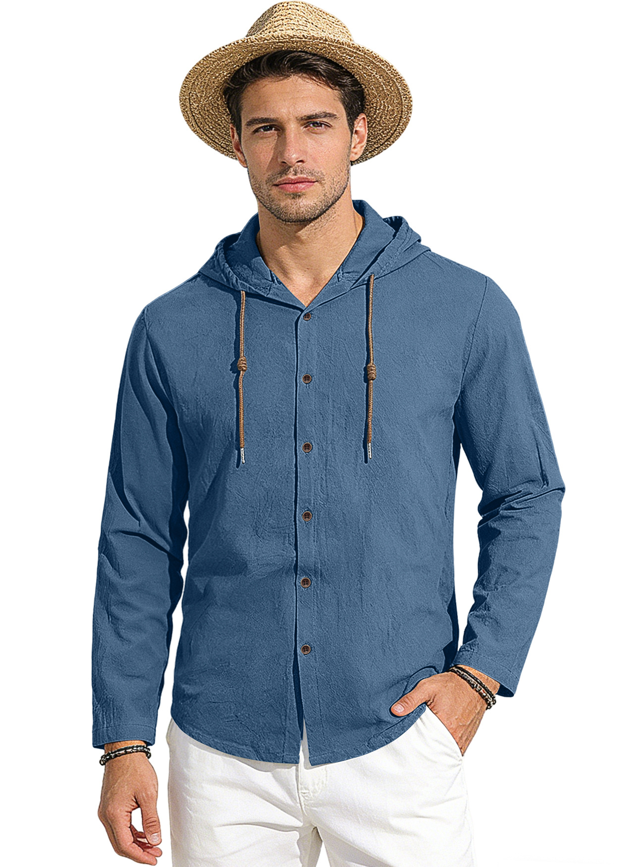 Transfronterizo Amazon nuevo estilo de primavera y verano hombre encapuchado camiseta suelta de algodón puro transpirable camisa casual de manga larga