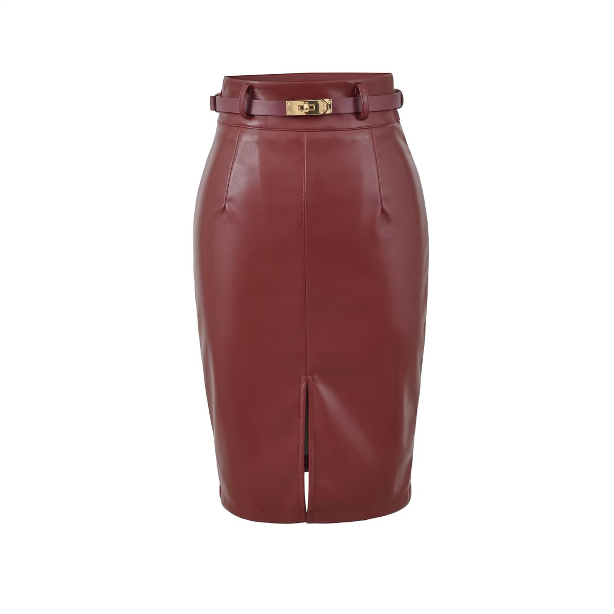 Korean-Style Socialite Sexy Temperament Pu Leather Slim-Fit Bodycon Skirt with Front Slit, Fashionable and Slimming Midi Skirt