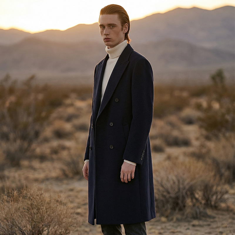 Luxury Navy Blue Double-Faced Wool Coat for Men, Autumn/Winter, Double-Breasted, Suit Collar, Classic Style