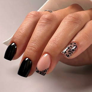 European and American Export French Leopard Print Manicure Fake Nails Maillard Removable Nails Short Square Nails Fake Nails