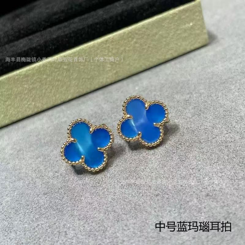 高质量V金幸运四叶草925银针耳钉红黑玛瑙白贝母耳拍气质百搭耳环|undefined