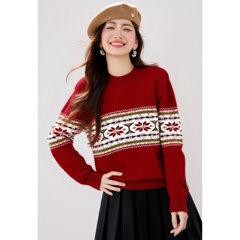 2025 Winter New Christmas and New Year Red Sweater Retro Geometric Pattern Pullover Round Neck Long-Sleeved Knitwear 2025 Winter New Christmas and New Year Red Sweater Retro Geometric Pattern Pullover Round Neck Long-Sleeved Knitwear