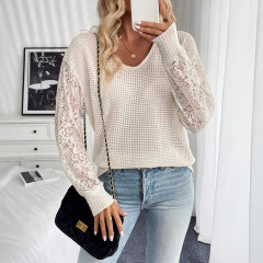 European and American cross-border spring new style elegant women's solid color V-neck lace spliced ​​long sleeve T-shirt top for women
