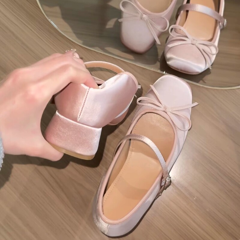 Lan キャビネット内高さ増加ピンクサテンリボンハイヒールメリージェーンシューズ女性用厚いヒールソフトソール多用途バレエシューズ女性用|undefined