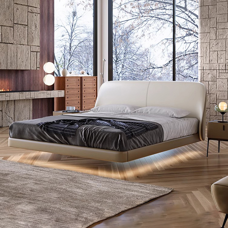 Cama de cuero minimalista italiana, cama de suspensión de aire crema, cama de envoltura blanda, cama doble principal simple, cama queen de 1.8 m, cama de matrimonio