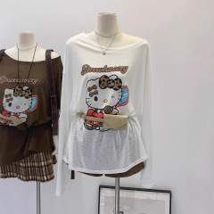 kitty猫印花圆领长袖T恤女秋轻薄胖mm大码200斤防晒罩衫外穿上衣