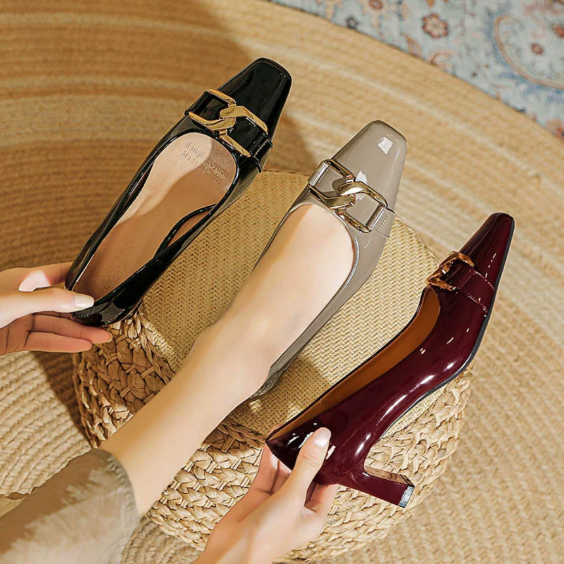 Французские массивные туфли на высоком каблуке, женские красные свадебные туфли 2025, новинка весны и осени, женская обувь с металлической пряжкой, квадратный носок, средний каблук, однотонные туфли