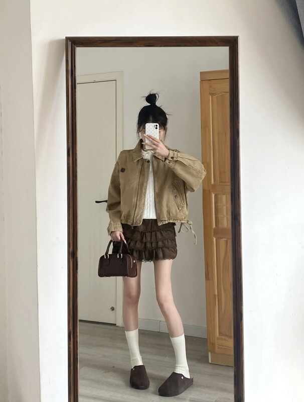 leo美式复古女25年秋季新款褶皱休闲POLO领翻领牛仔外套夹克上衣|undefined