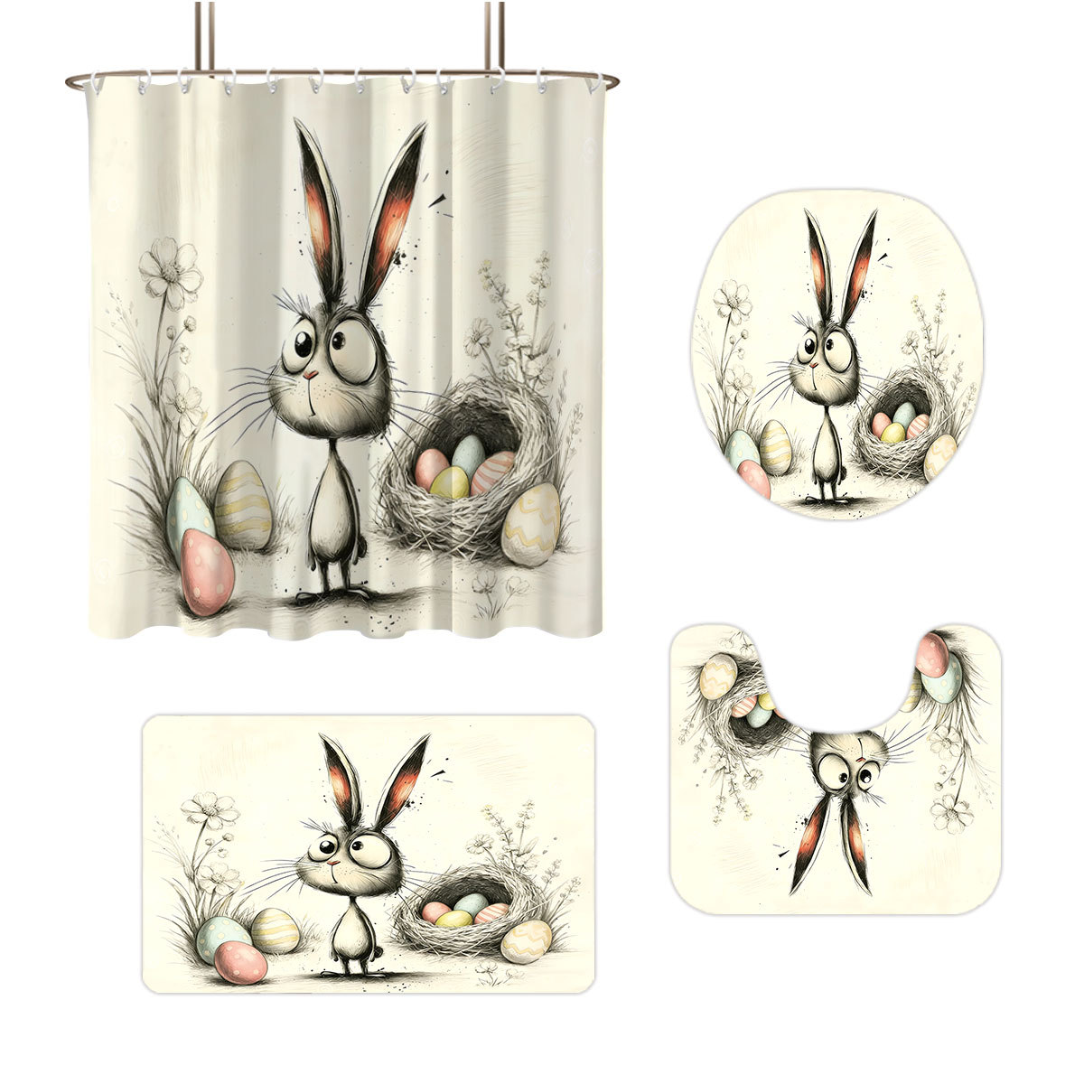 Tiktok poliéster cortina de baño impermeable conejo de Pascua sin perforación cortina de baño decoración cortina de baño cortina de cuatro piezas