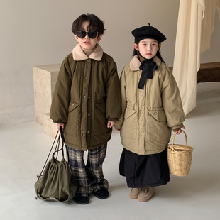 Children's Cotton Coat 2025 Winter Korean Style with Fur Collar, Mid-Length Thickened Casual Jacket with Large Pockets for Boys and Girls