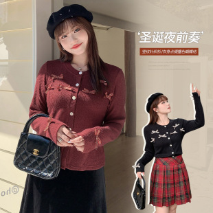 Angora Red Bow Knitted Cardigan Top for Women Spring Fat mm Plus Size Women's Knitted Knitwear with 65130