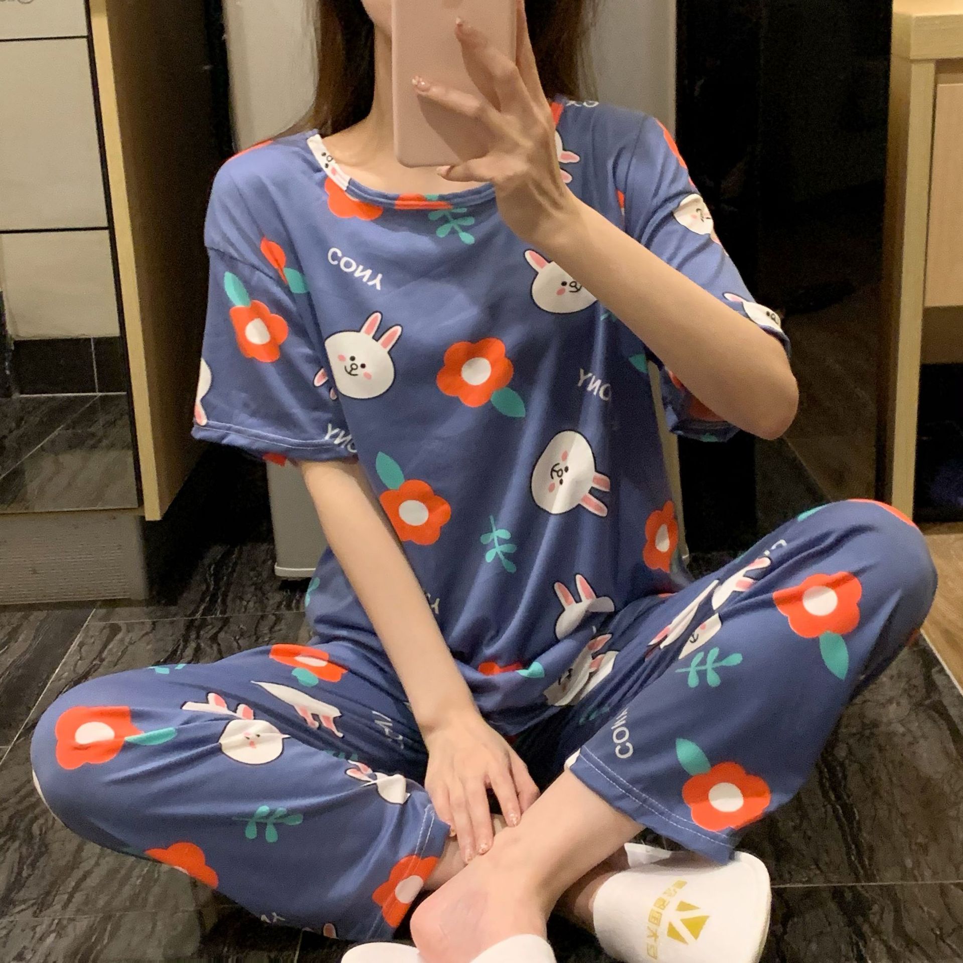 Pijamas primavera y otoño de las mujeres de verano Pantalones de manga corta más el tamaño flojo estilo coreano fresco lindo estudiante dulce traje de desgaste para el hogar