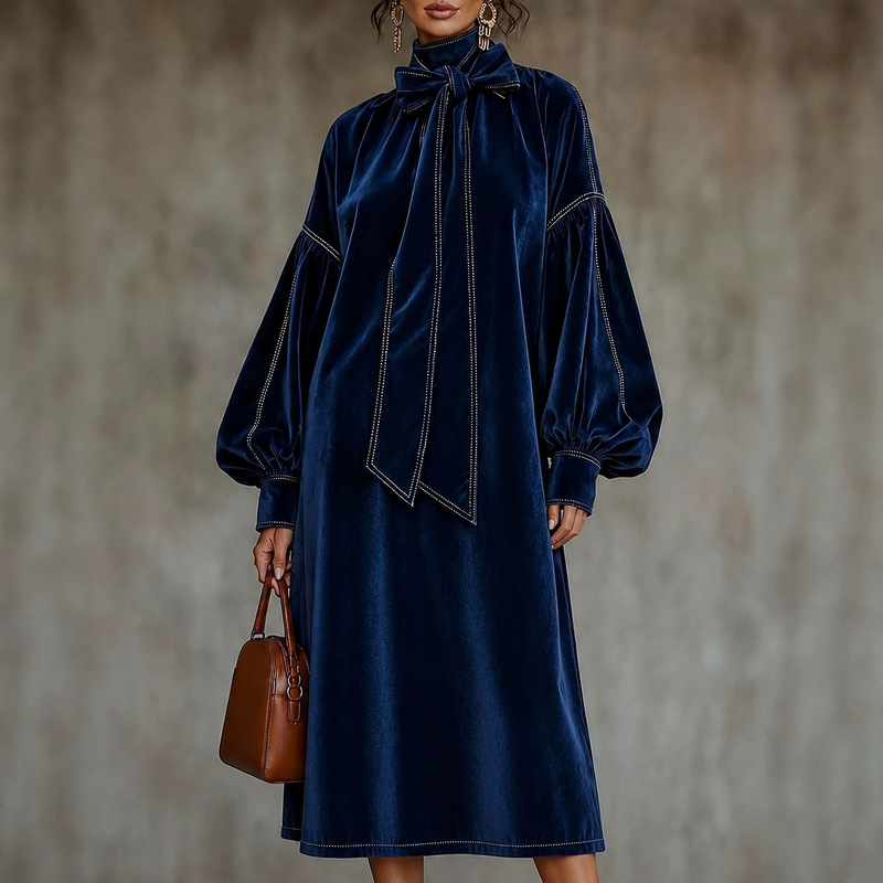 Independent website European and American new women's long dress velvet high-neck vintage long-sleeve tie loose dress