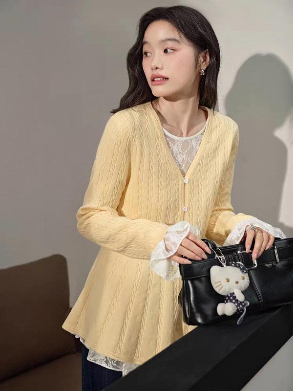 黄色针织衫毛衣开衫蕾丝衫两件套装25初秋季新款女叠穿上衣|undefined