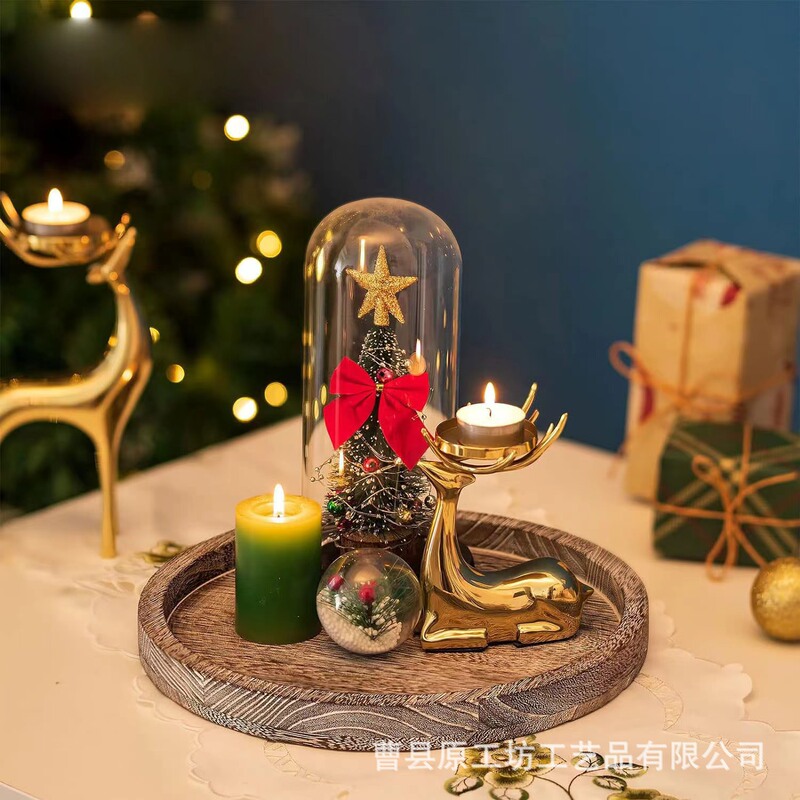 American Country Style Paulownia Wood Tray Wooden Storage Tray Round Candle Holder Storage Tray Farmhouse Dining Table Fruit Bread Tray