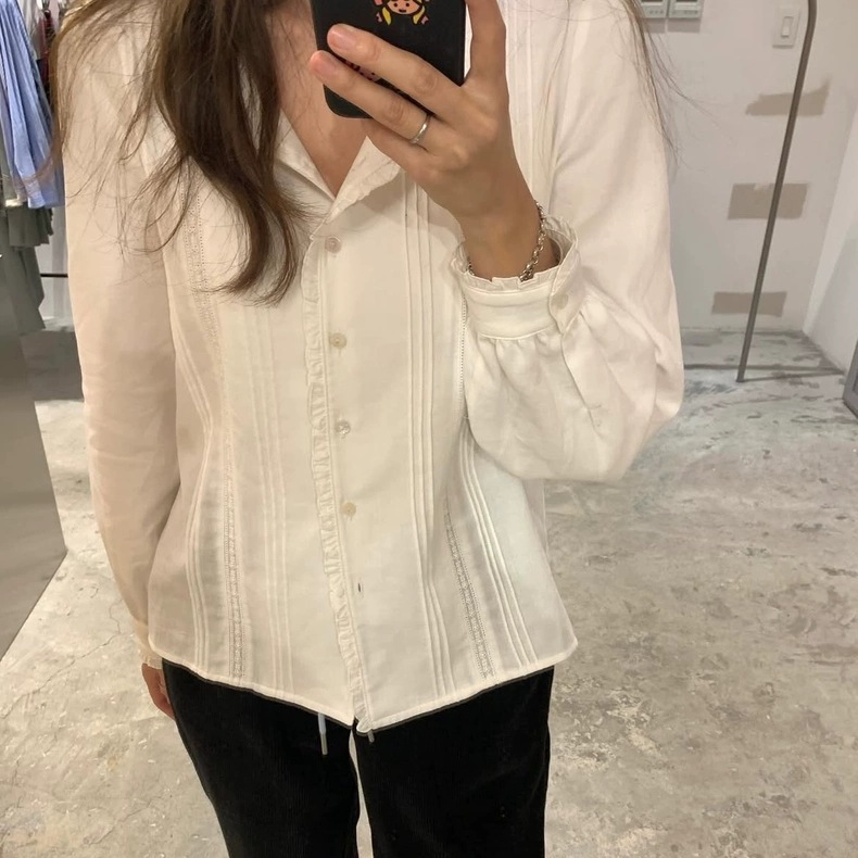 In Stock 2026 Spring New Korean Style Tan*At Elegant Solid Color Lace Collar Single-Breasted Long-Sleeve Shirt Top for Women