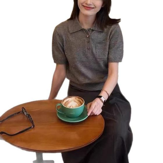 Elegant Simple Grey POLO Collar Short-sleeved Thin Knitted Shirt Women's Loose Short Lop Half-sleeved T-shirt Top
