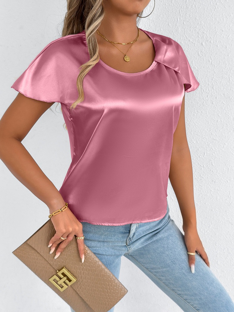 Camiseta de verano de satén de mujer europea y americana de tiro real, camisa de seda de imitación satinada de comercio exterior de alta gama de manga corta, Europa y América