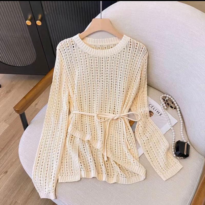 Lace-up Hollow Round Neck Long-sleeved Sweater Women's Summer Thin Waist Slimming Breathable Top Air-conditioning Shirt Sunscreen