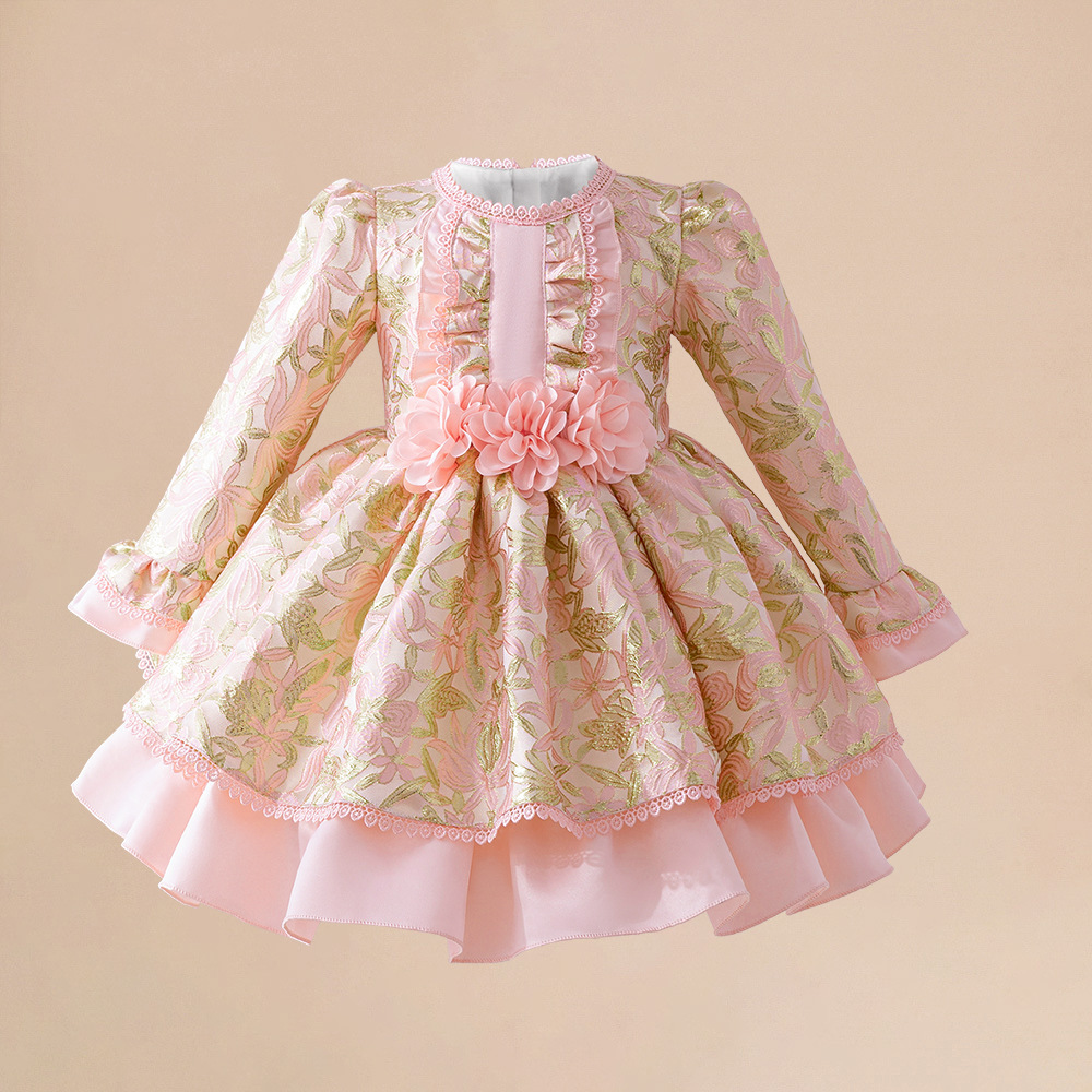 Nuevo vestido infantil de mangas largas impresión tridimensional flor de niña Pong Lolita vestido de princesa en stock