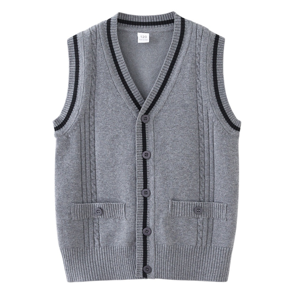 Contraste transfronterizo color giro medio y grande suéter de los niños Chaleco de Bolsillo falso Chaleco de punto de los niños cardigan uniforme escolar de las niñas