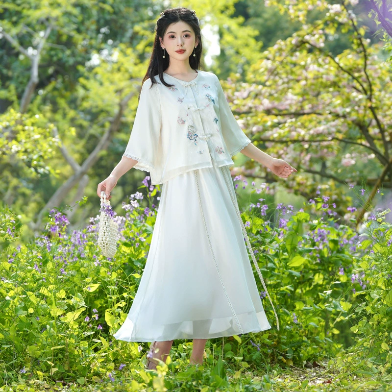 Новый летний топ в китайском стиле с вышивкой в ​​стиле ретро, ​​улучшенный топ Hanfu с круглым вырезом в национальном стиле, топ с элементами Хань, комплект чайного костюма
