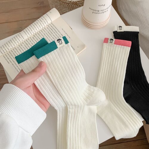 MEKKI Women's Japanese Double-Needle Striped Fabric Label Medium Calf Socks Korean Summer Thin Women's Socks Versatile Bunch Socks