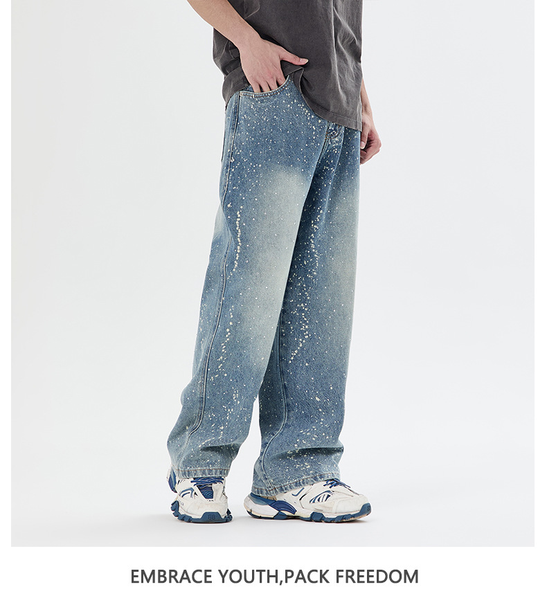 ​​Men's High Street Distressed Jeans With Starry Rhinestone Embellishments - Relaxed Fit Straight Leg Denim Pants For Casual & Streetwear​​_mkmklike.com