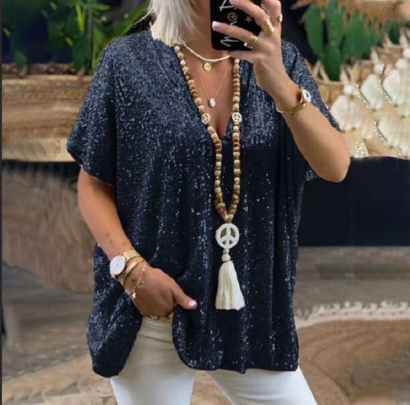 Camiseta de manga corta con lentejuelas y cuello en V, estilo urbano informal, holgada, de color, para mujer, nueva colección 2026 de Amazon, estilo europeo y americano.