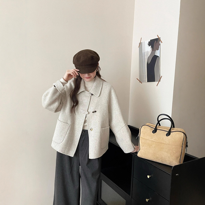2025秋冬新款翻领双面羊绒大衣女短款小个子气质时尚羊毛呢外套女|undefined