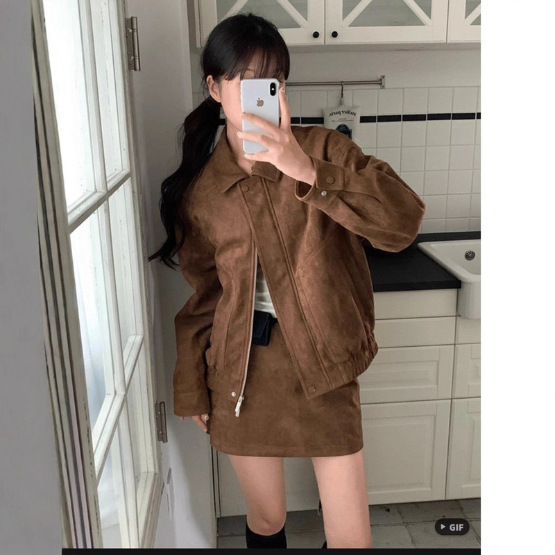 Shipping Korean Chic Autumn Maillard Suede Jacket Long-Sleeved Jacket + A-Line Skirt Fashion Suit